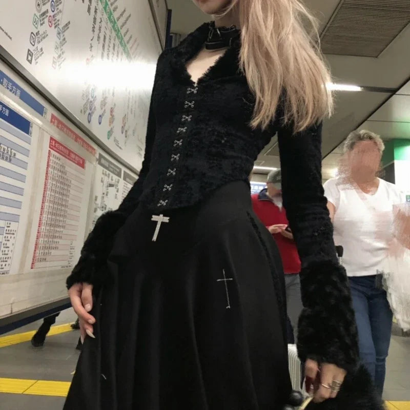 Vintage Black Hollow Out Blouse