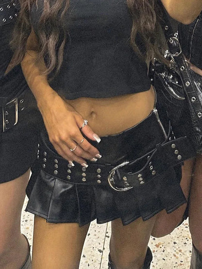 PU Leather Belted Black Skirt