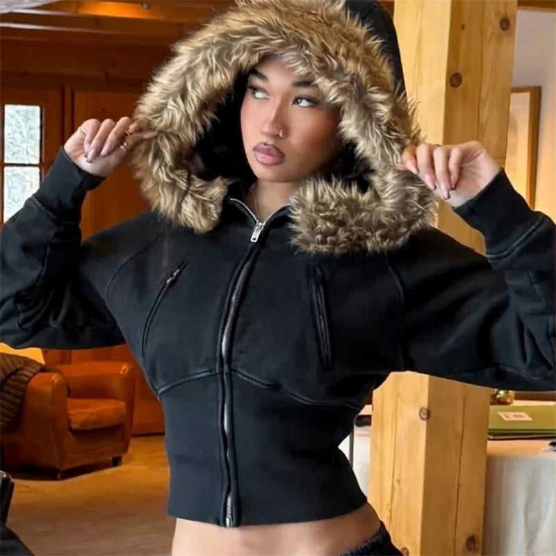 Faux Fur Trim Hooded Crop Jacket Main image