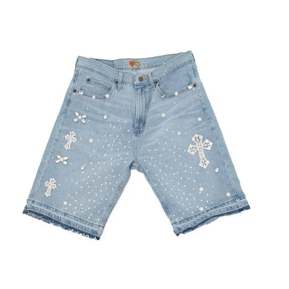 Rhinestone Raw Edge Denim Short