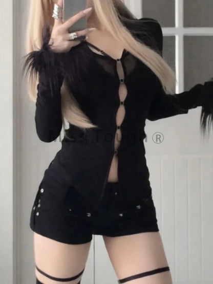Grunge Gothic Black V-neck Lace Blouse