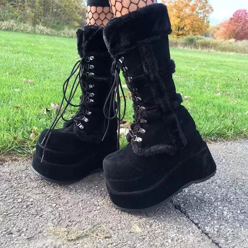 White Fur High Platform Chunky Heel Gothic Winter Boot Main image