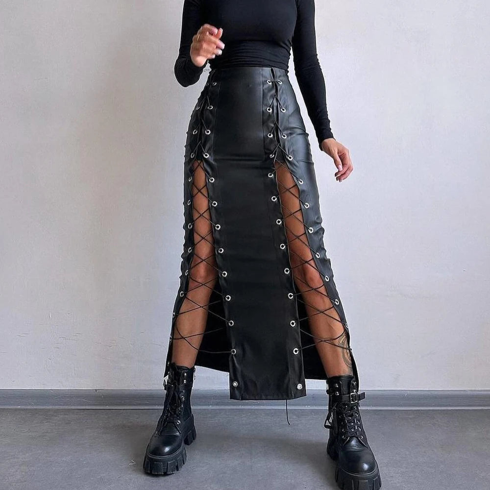 PU Leather Collage Splicing Long Skirt Main image