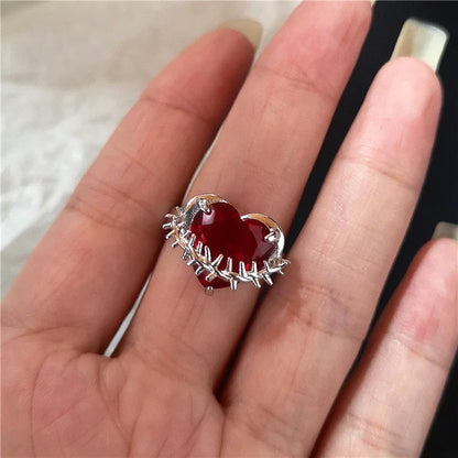 Goth Punk Red Crystal Heart Cross Ring