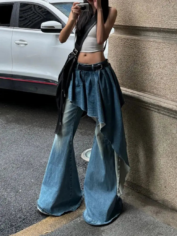 Washed Gothic Splicing Bell-Bottom Pant