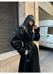 Long Belted Patent Leather Long Coat