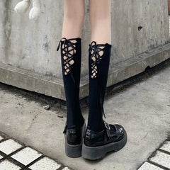 Gothic Black Calf Straps Hollow Sock