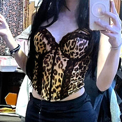 Leopard Print Corset Lace Patchwork Crop Top