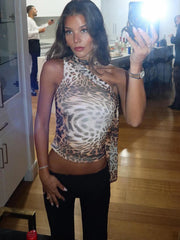 Leopard Print Irregular Scarf Backless Crop Top
