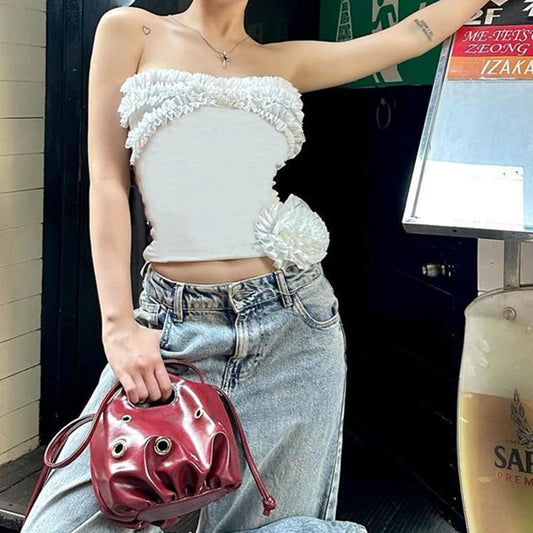 Off Shoulder Ruffle Tube Top Y2K Crop Top