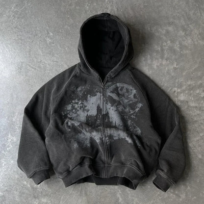Gothic Punk Print Zip Hoodie