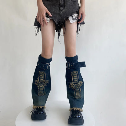 Gothic Star Strap Denim Cross Sock