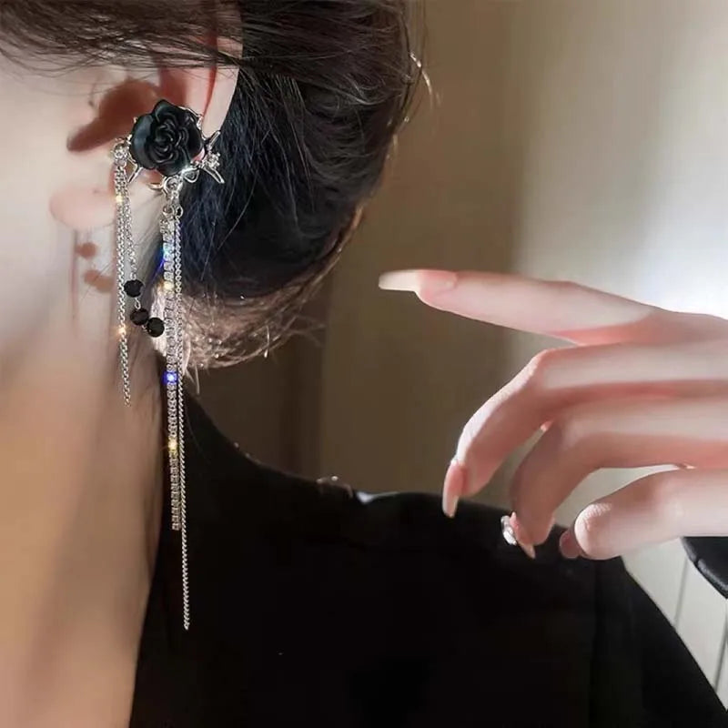 Black Flower Tassel Zircon Ear Cuff Earring Secondary image