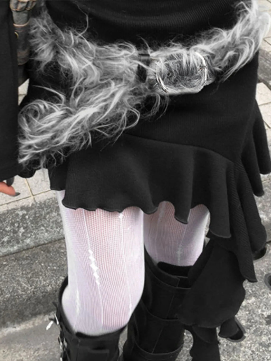 Gray Faux Fur Gothic Leather Belt