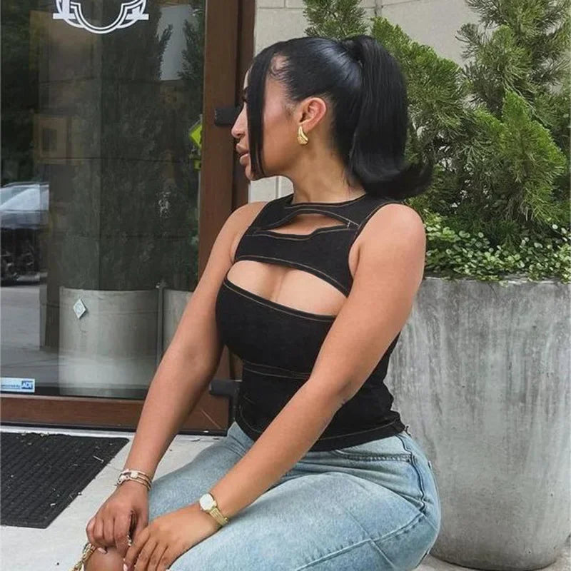 Solid Color Hollow Slim Vest Crop Top