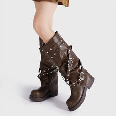 Vintage Rivet Belt Buckle Gothic Knee-High Boot