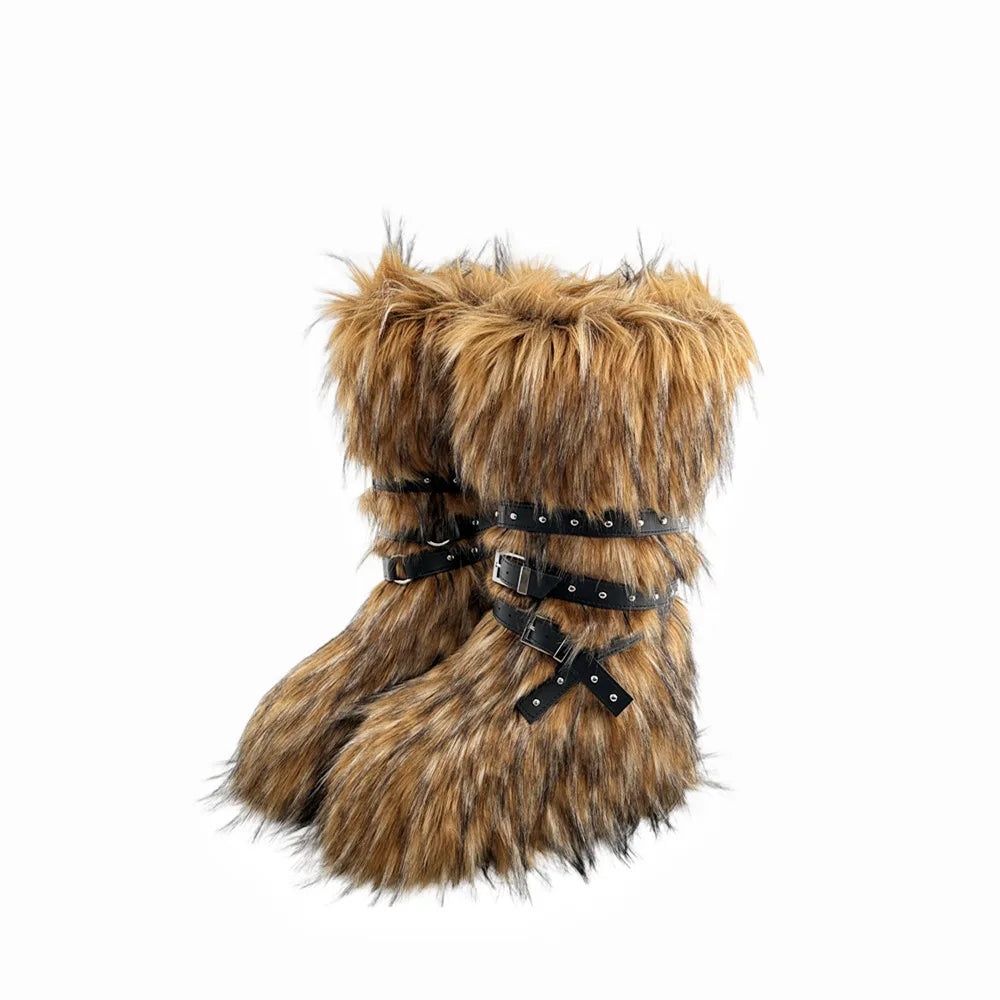 Faux Fur Wedge Platform Brown Gothic Winter Knee Boot