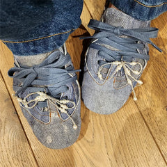 Vintage Denim Lace-Up Blue Pearl Bow Flat