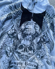 Gothic Skull Print Grey Zip Hoodie