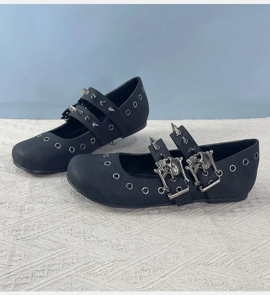 Gothpunk Style Rivets Skull Leather Flat Ballet Flat