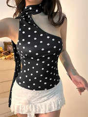Off Shoulder Sleeveless Dot Print Mini Crop Top