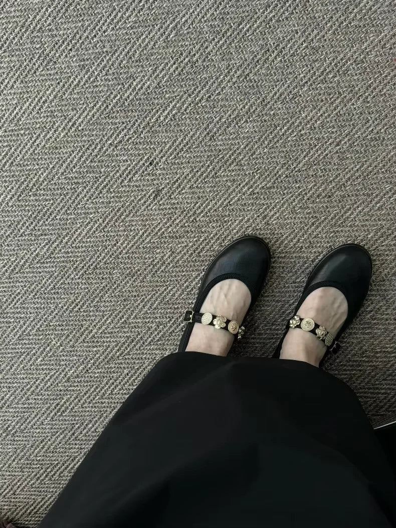 Soft Soled Genuine Leather Small Gold Buckle Ballet Flat