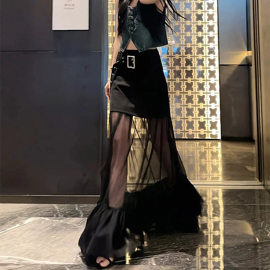 Mesh See Through Patchwork Skirt