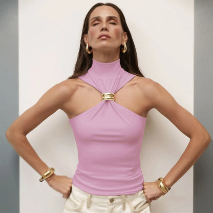Metal Ring Knit Turtleneck Crop Top