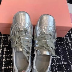 Vintage Denim Lace-Up Blue Pearl Bow Flat