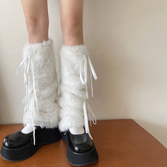 Gothic White Bow Rabbit Fur Winter Sock