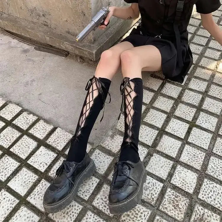 Gothic Black Calf Straps Hollow Sock