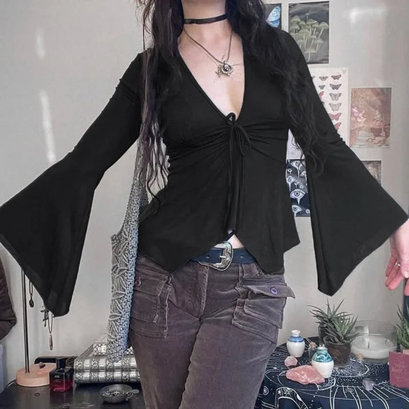 Shirred V-Neck Crop Blouse