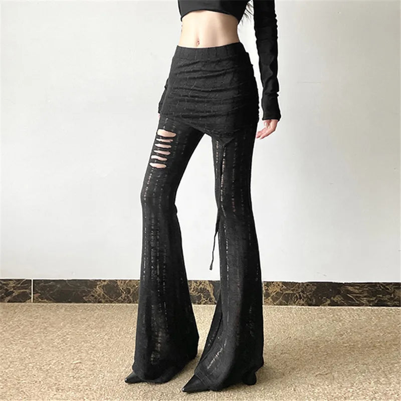 High-Waisted Distressed Flare Pants Secondary image
