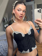 Black Stripe Y2K Lace Strap Tank Crop Top