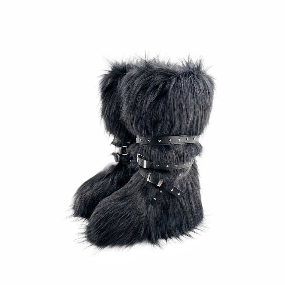 Faux Fur Wedge Platform Brown Gothic Winter Knee Boot