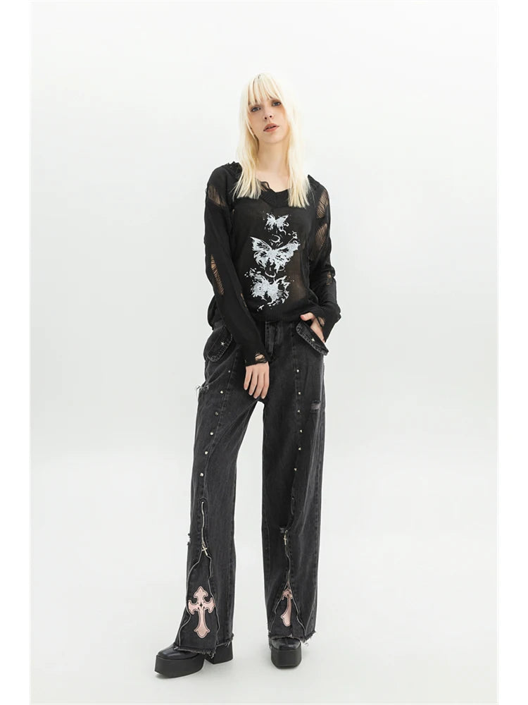 Black Gothic 90s Aesthetic Denim Pant Main image