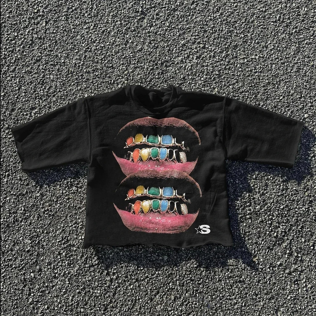 Y2K Lips Teeth Graphic Printed Cotton T-shirt