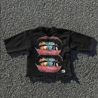 Y2K Lips Teeth Graphic Printed Cotton T-shirt