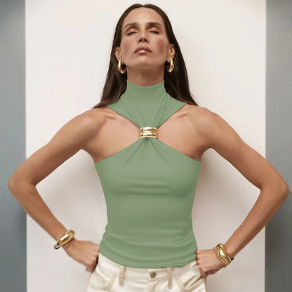 Metal Ring Knit Turtleneck Crop Top