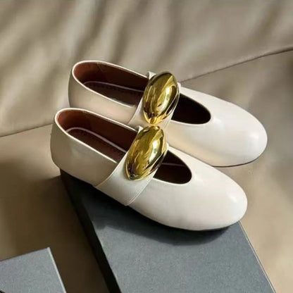 Round Toe Flat Bottomed Mary Jane Leather Oversized Buckle Flat