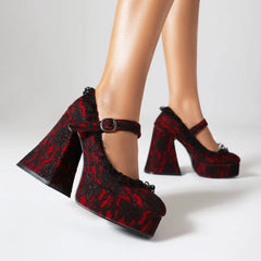 Black Red Lace Up Platform Gothic High Heel