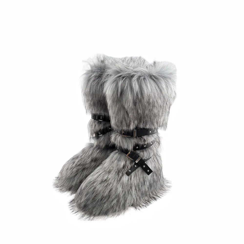 Faux Fur Wedge Platform Brown Gothic Winter Knee Boot