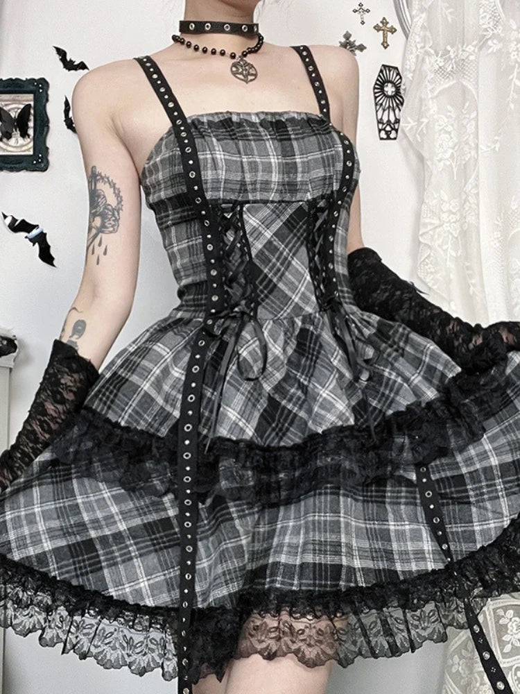 Eyelet Lace Plaid Patchwork High Waist Cake Mini Dress Main image