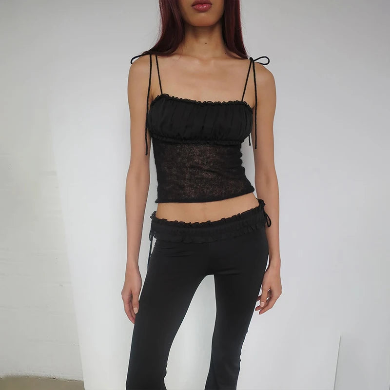 Slim Fit Mesh Perspective Pleated Tank Crop Top
