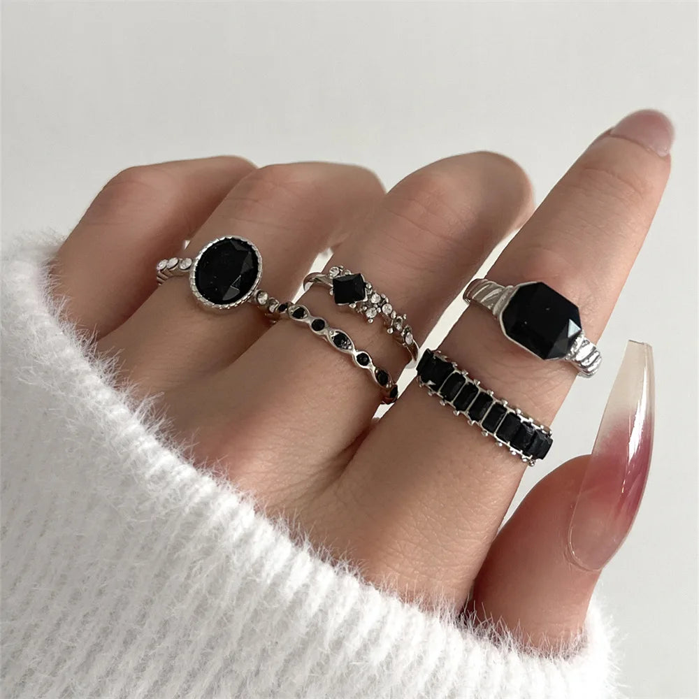 Vintage Black Crystal Geometric Gothic Ring Main image