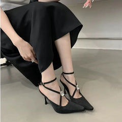 Rhinestone Gothic Black Satin Mary Janes High Heel