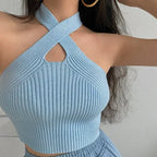 Black Halter Knit Sexy Crop Top