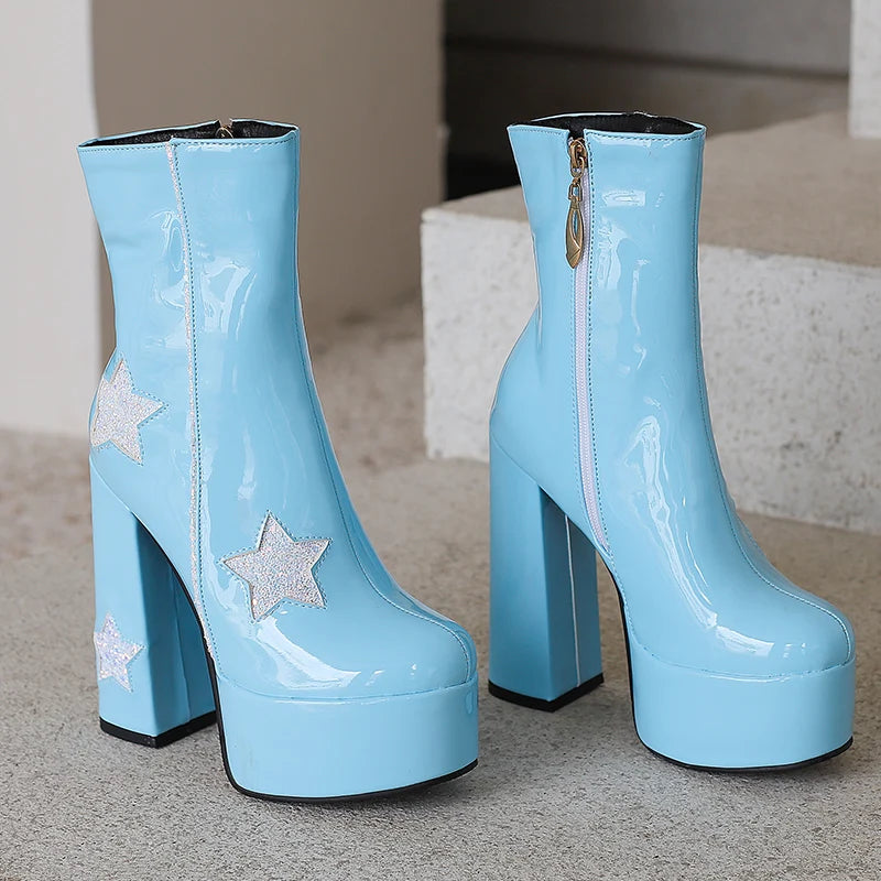 Patent Leather Sequin Platform Gothic Zipper Short Boot