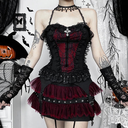 Goth Lace Trim Backless Crop Top