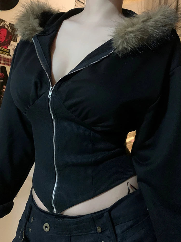Gothic Cyber Punk Fur Hem Hoodie